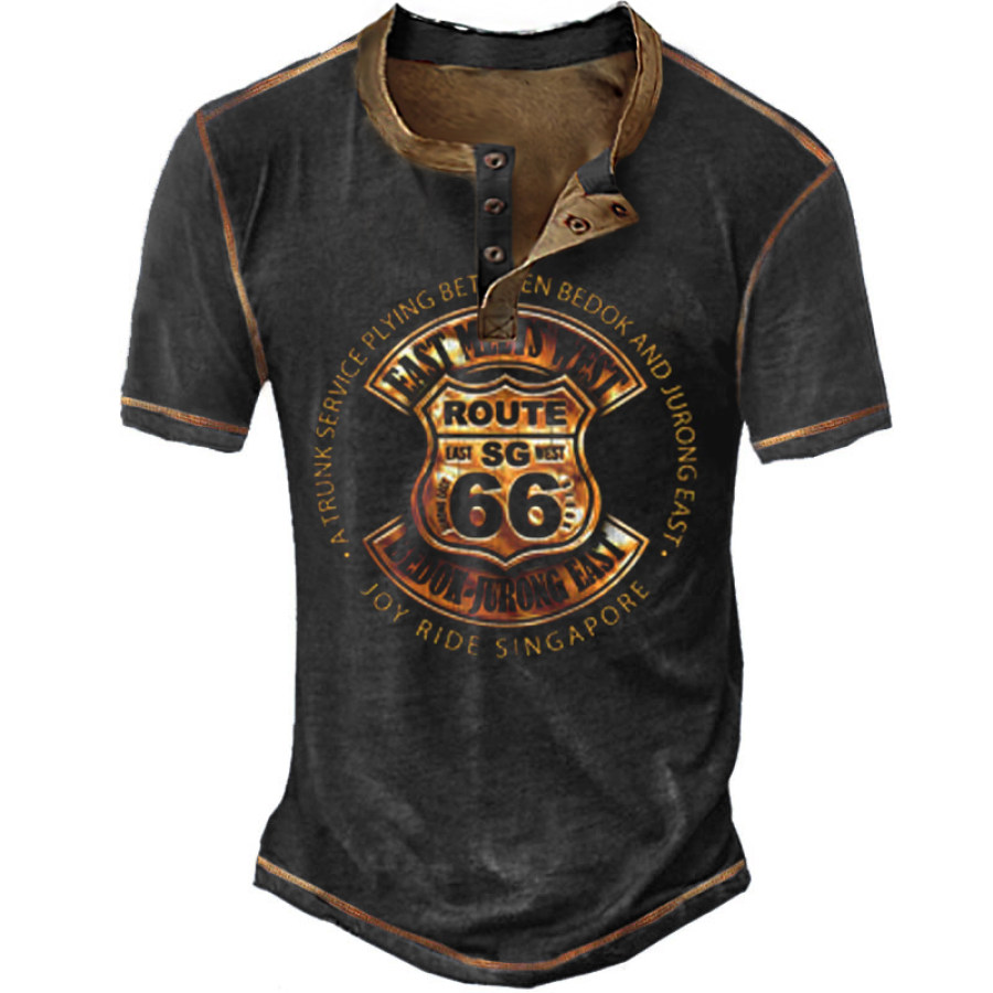 

Route 66 Vintage Print Men's Motorcycle Henley T-Shirt