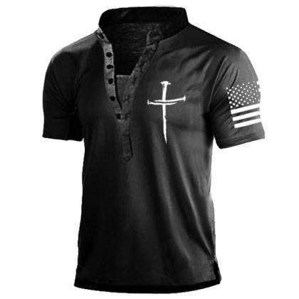 Men's Solid Color Cross Faith Print Outdoor Work Henley T-Shirt