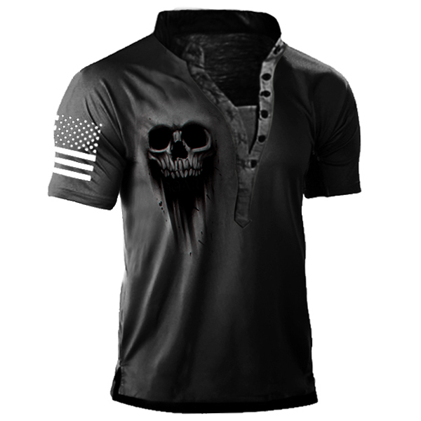 Men's Black Skull Print Chic Outdoor Tactical Henry T-shirt