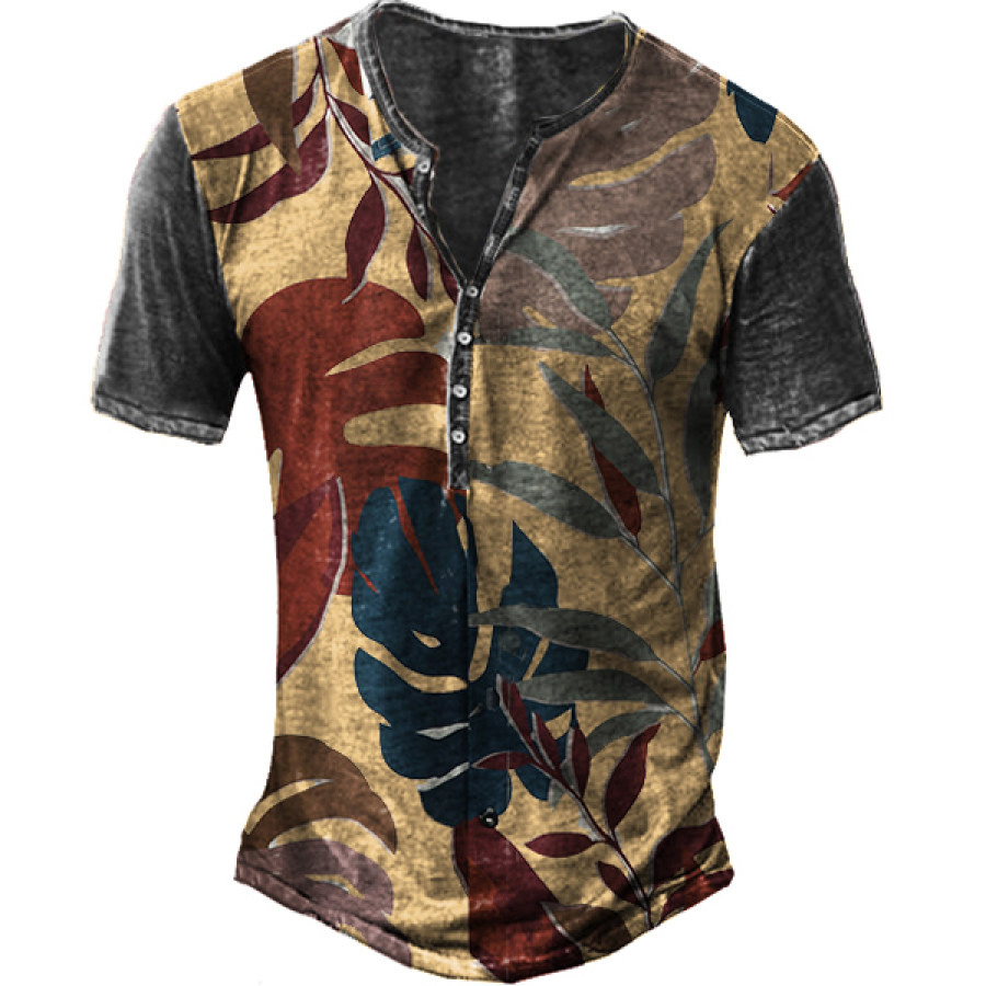 

Men's Tropical Leaf Print Vintage Henley T-Shirt