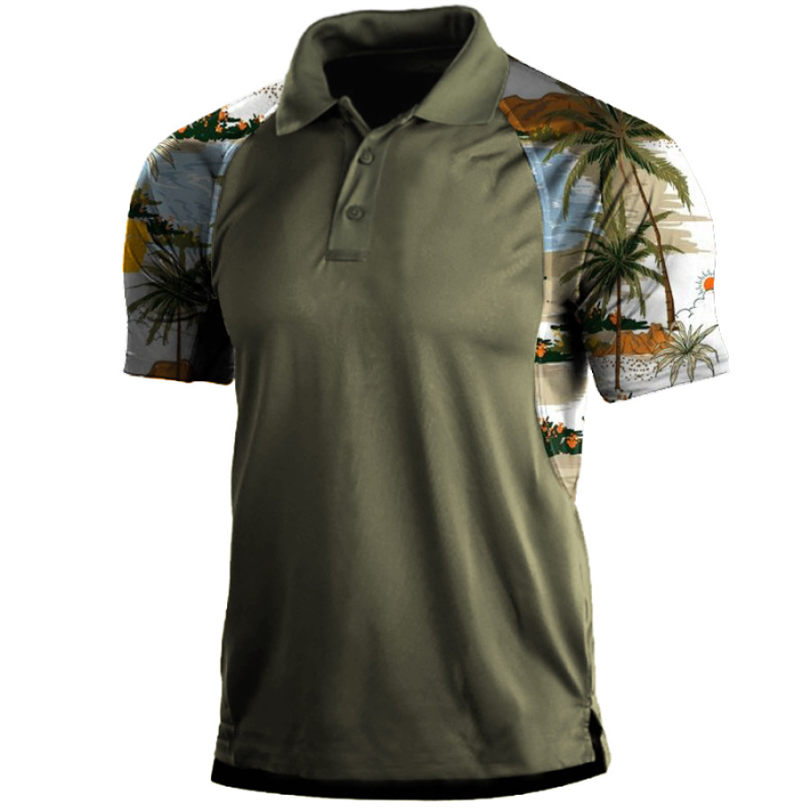 

Men's Summer Outdoor Coconut Tree Patchwork Print Polo Neck T-Shirt