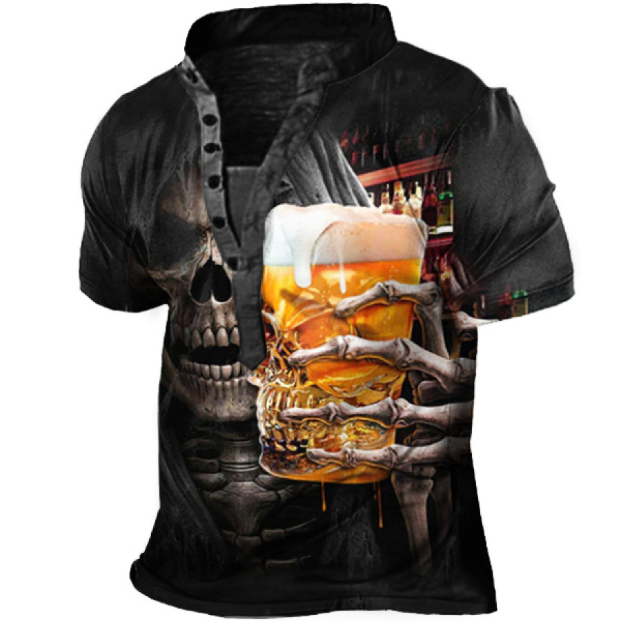 

Men's Vintage Skull Beer Print Short Sleeve Henry T-Shirt