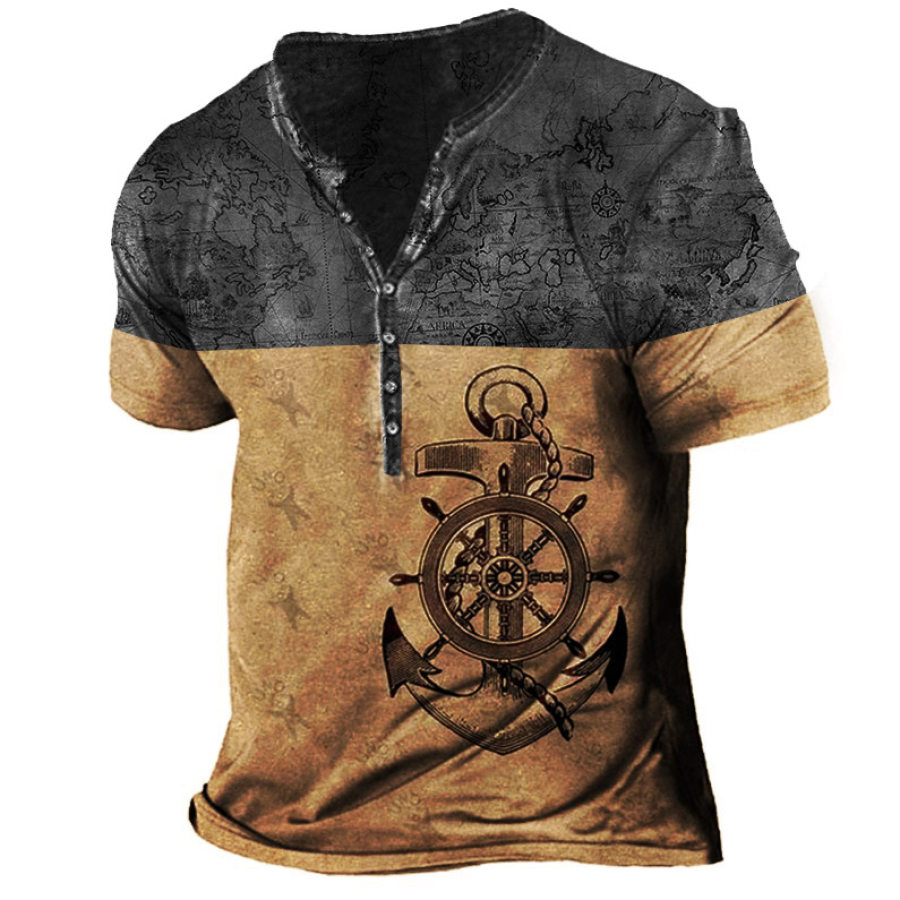 

Men's Vintage World Map Anchor Rudder Henley Collar T-Shirt