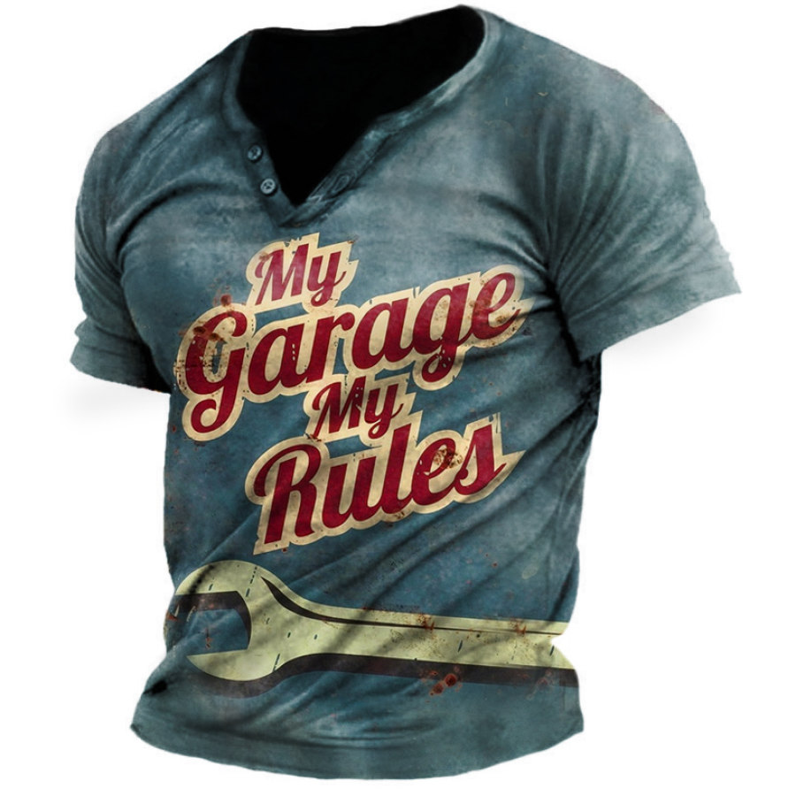

My Garage Rules Car Metal Sign Vintage Men's Henley Tee