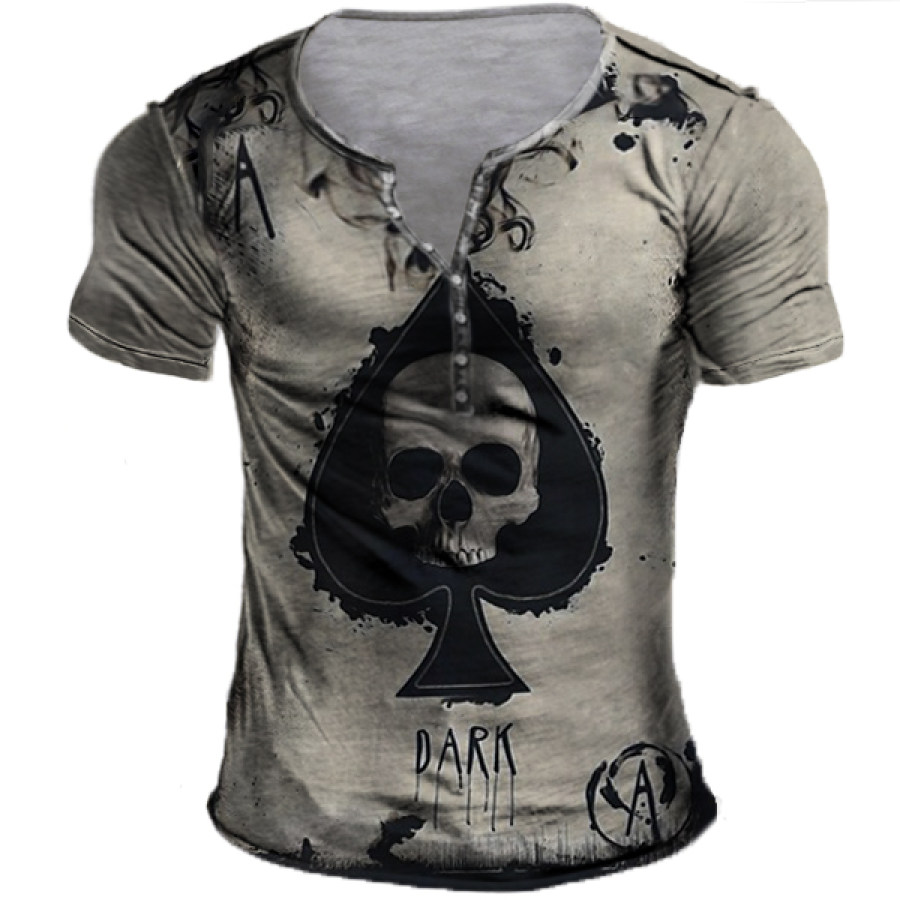 

Men's Outdoor Ace Of Spades Skull Print Henley T-Shirt