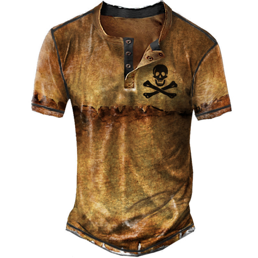 

Men's Outdoor Gradient Skull Print Henley T-Shirt