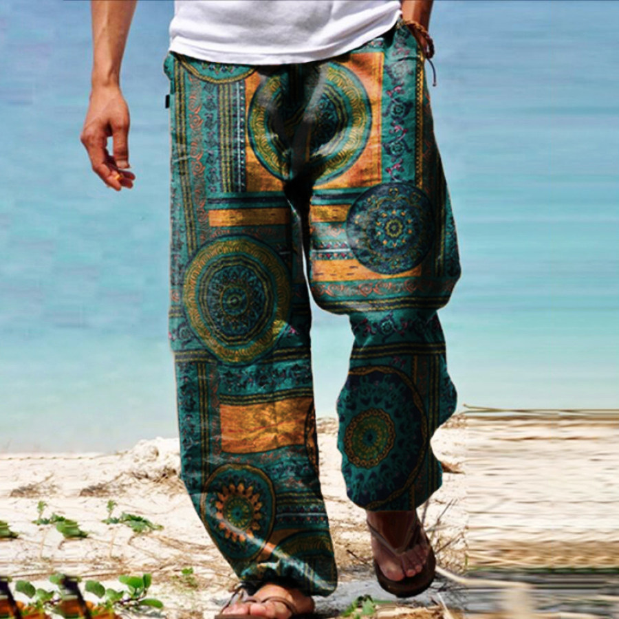 

Men's American Casual Ethnic Print Loose Cotton Linen Trousers