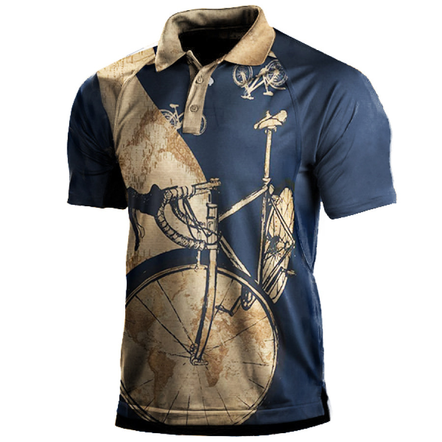 

Retro World Map Cycling Print Men's Polo Neck Short Sleeve T-Shirt