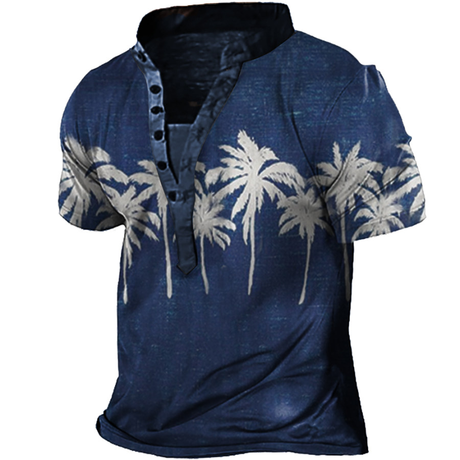 

Men's American Botanical Floral Coconut Print Henley Collar T-Shirt