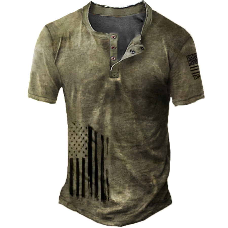 

Men's Vintage American Flag Print Henley T-Shirt