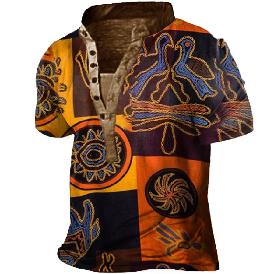 

Mens Casual Ethnic Printing Hawaiian Short Sleeve Henley T-Shirt
