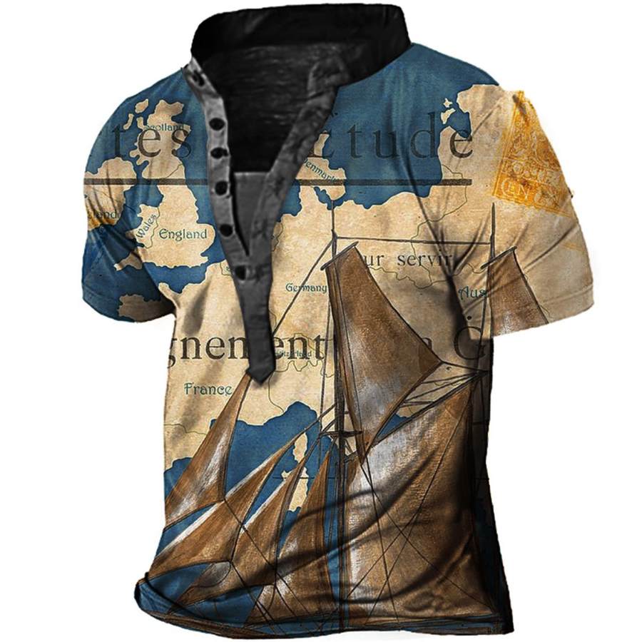 

T-shirt Henley Vintage Map Sailboat Pour Homme