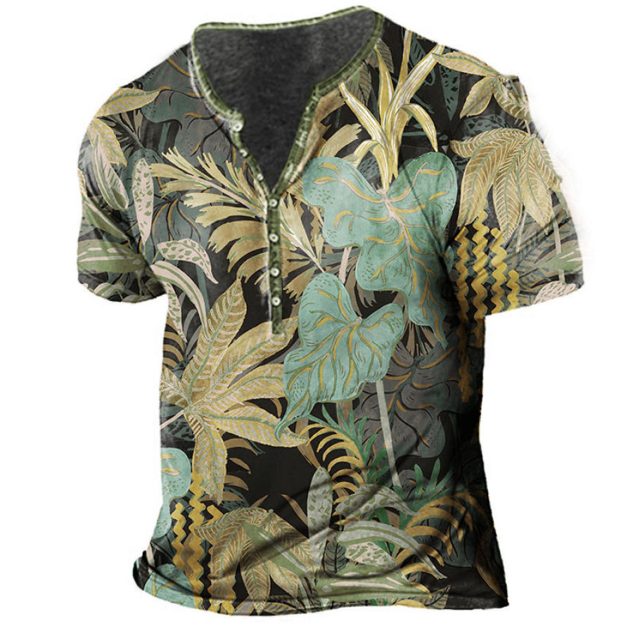 

Men's Hawaiian Tropical Plant Print Henley Collar T-Shirt