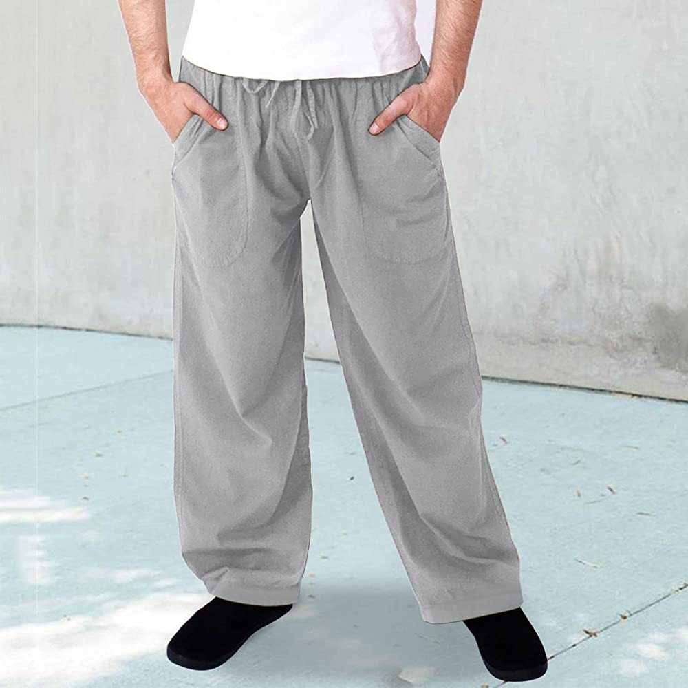 Men's Casual Solid Color Chic Cotton Linen Quick Dry Loose Beach Trousers
