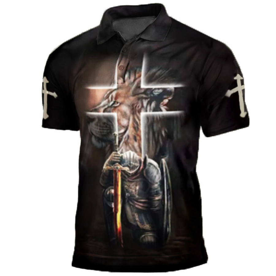 

Men's Outdoor Vintage Templar Cross Print Polo Shirt