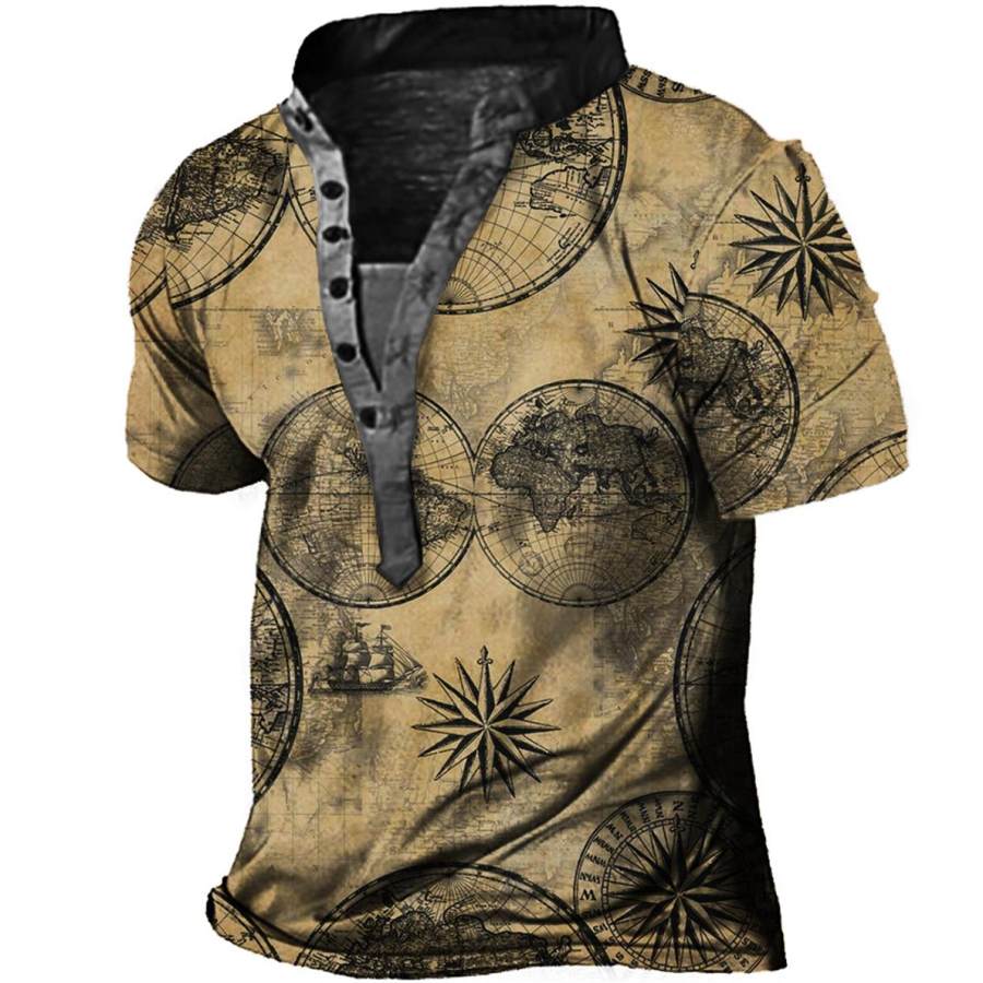 

Men's Vintage World Map Print Henley T-Shirt