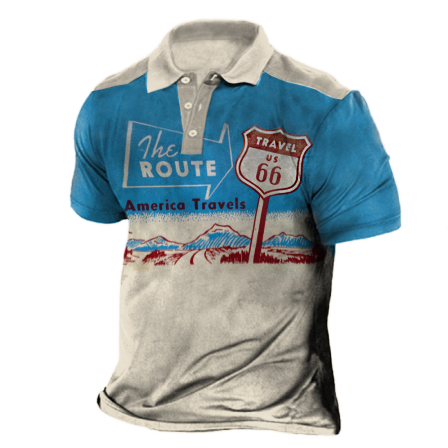 

Men's Vintage Route 66 Print Polo Neck T-Shirt