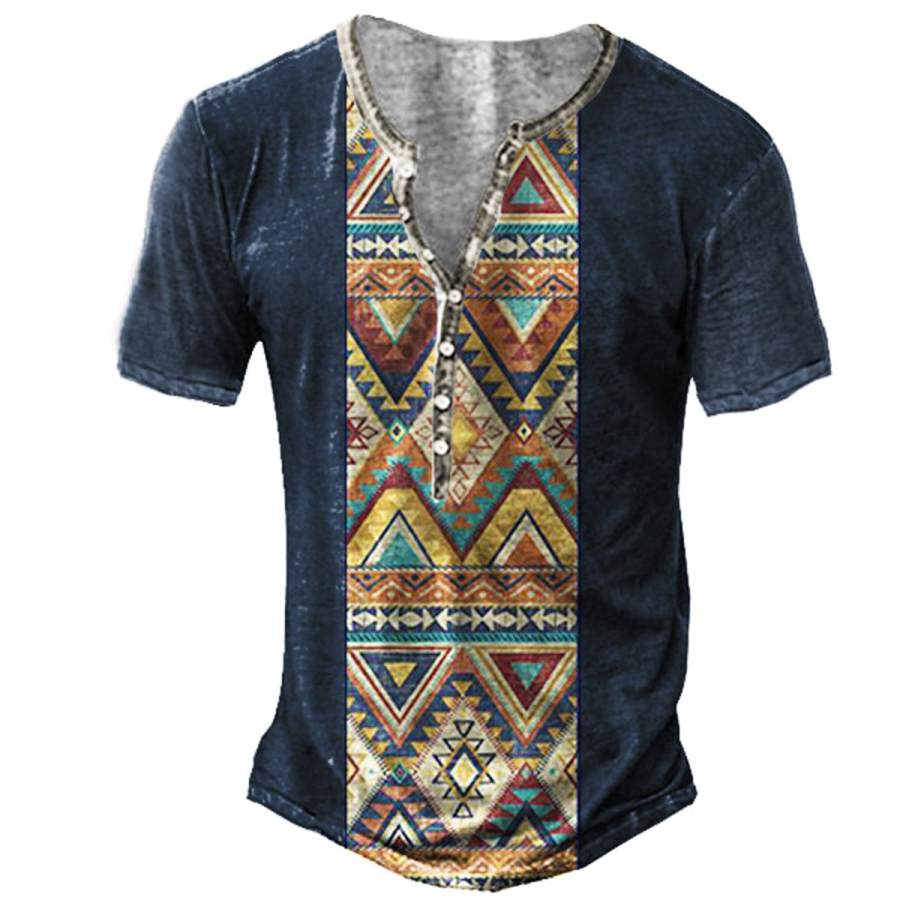 

Men's Vintage Ethnic Geometric Print Henley T-Shirt