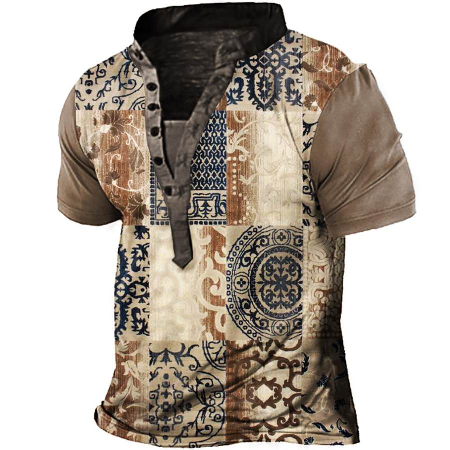 

Men's Vintage Ethnic Pattern Print Henley T-Shirt