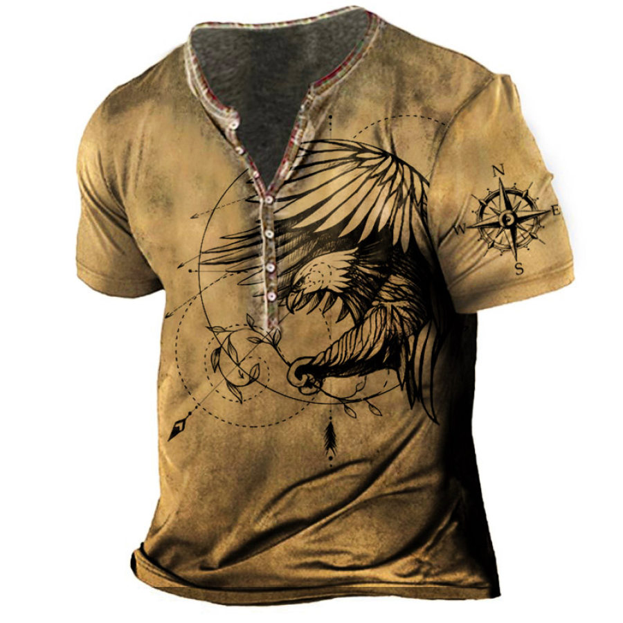 

Men's Vintage Eagle Compass Print Henley Collar T-Shirt