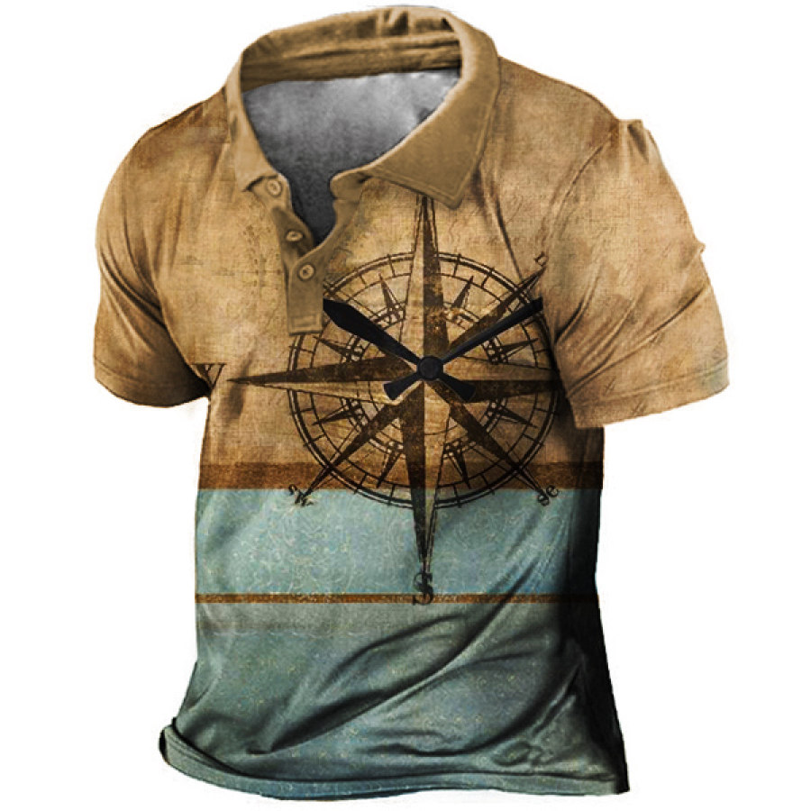 

Men's Vintage Compass Contrast Print Polo T-Shirt