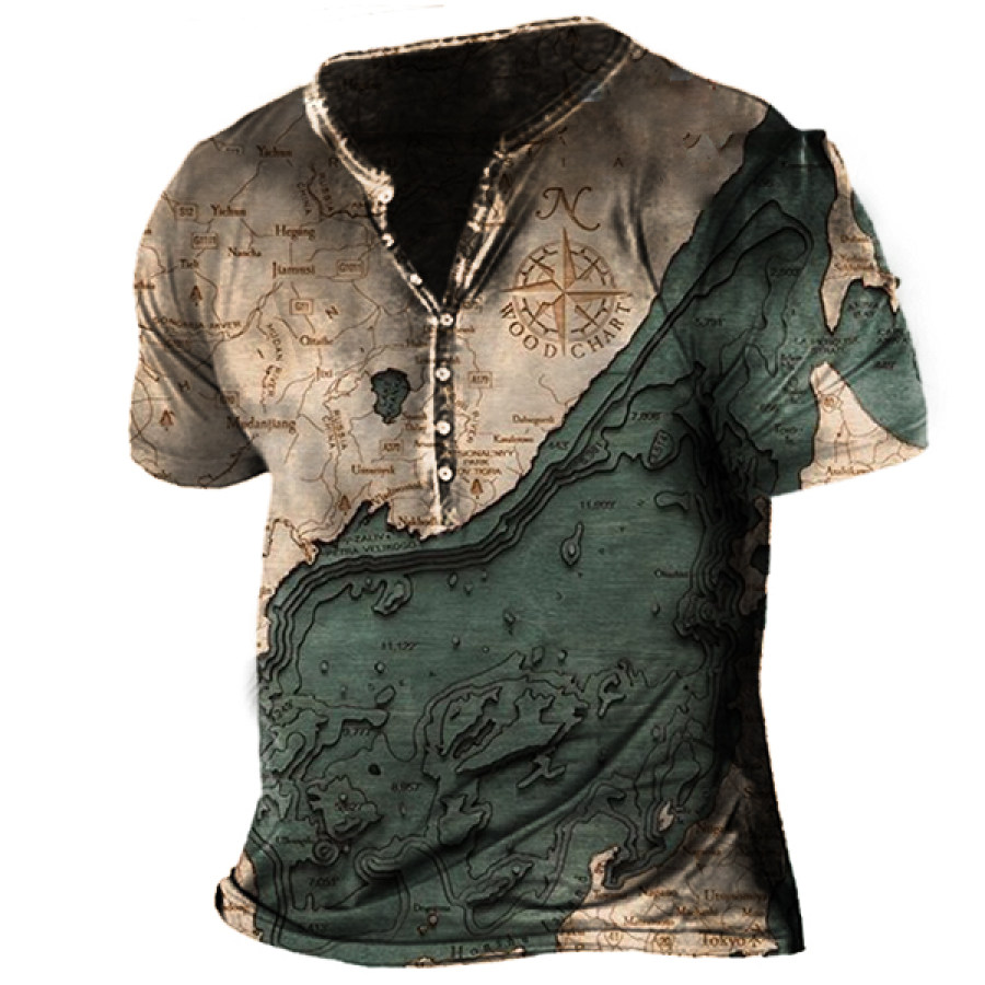 

Nautical Wood Chart Compass Print Men's Vintage Henley Short Sleeve T-Shirt
