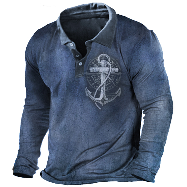 Nautical Anchor Print Men's Chic Vintage Polo Long Sleeve T-shirt