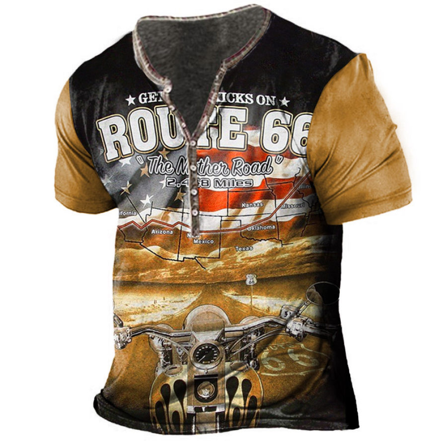 

Men's Outdoor Route 66 Motorcycle Map Flag Print Henley T-Shirt
