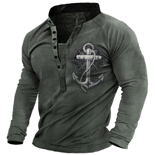 Nautical Anchor Print Men's Chic Vintage Henley Long Sleeve T-shirt
