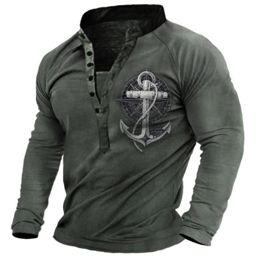 

Camiseta De Manga Larga Con Cuello Henley Vintage Para Hombre Con Estampado De Ancla Náutica