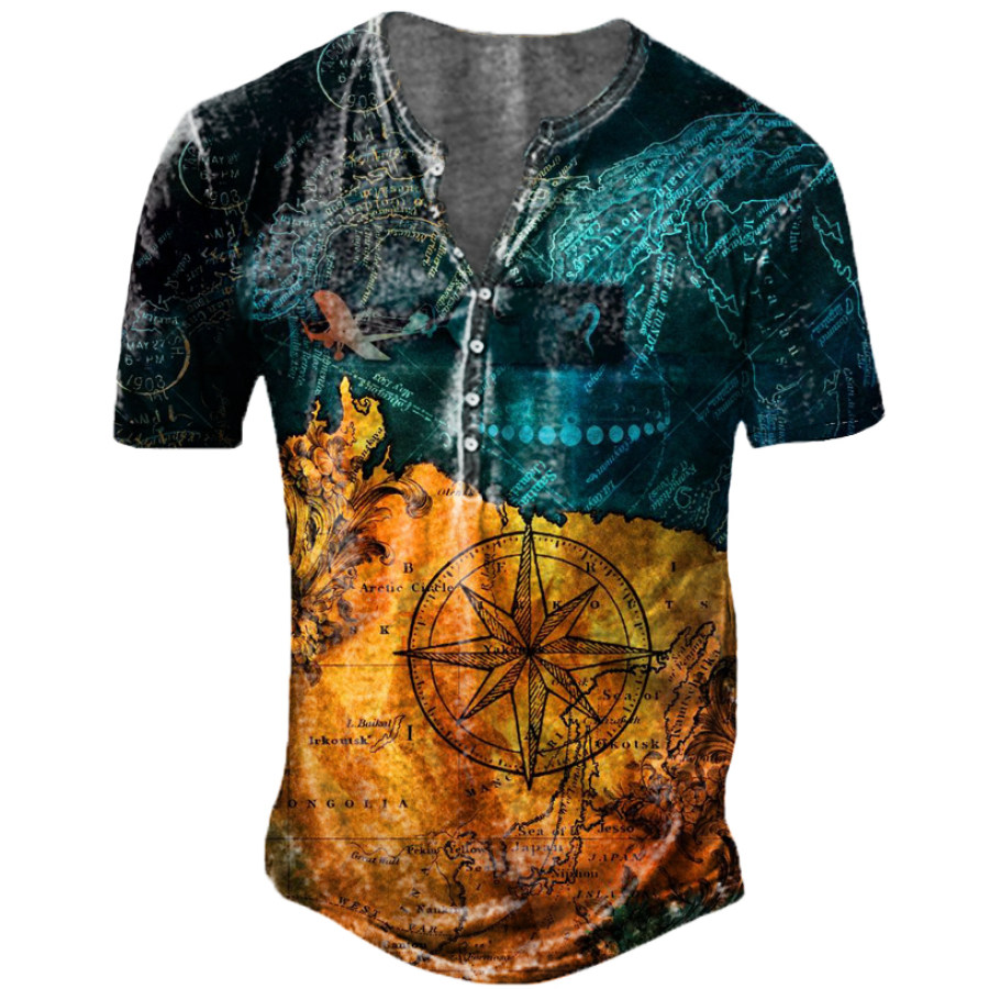 

Men's Outdoor Travel 18th Century Map Print Henley T-Shirt