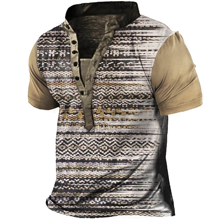 

Men's Vintage Ethnic Print Henley T-Shirt