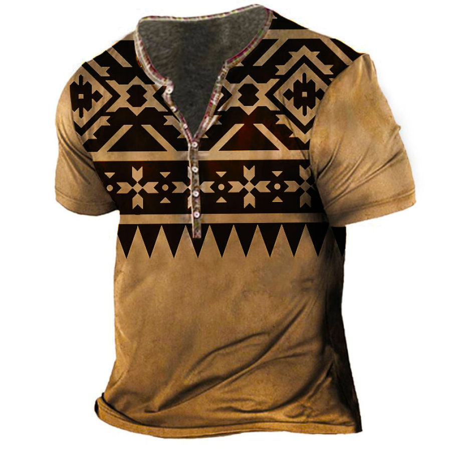 

Men's Vintage Ethnic Geometric Print Henley T-Shirt