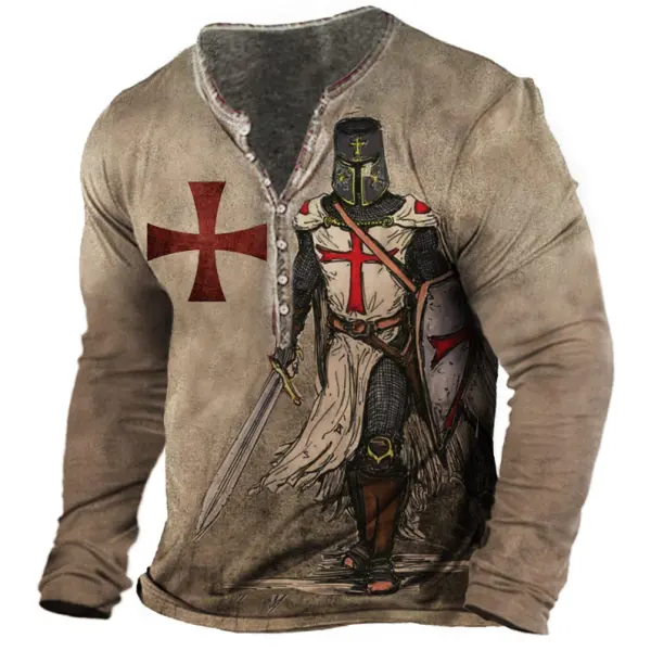 Men's Vintage Templar Cross Henley Long Sleeve Top - Kalesafe.com 