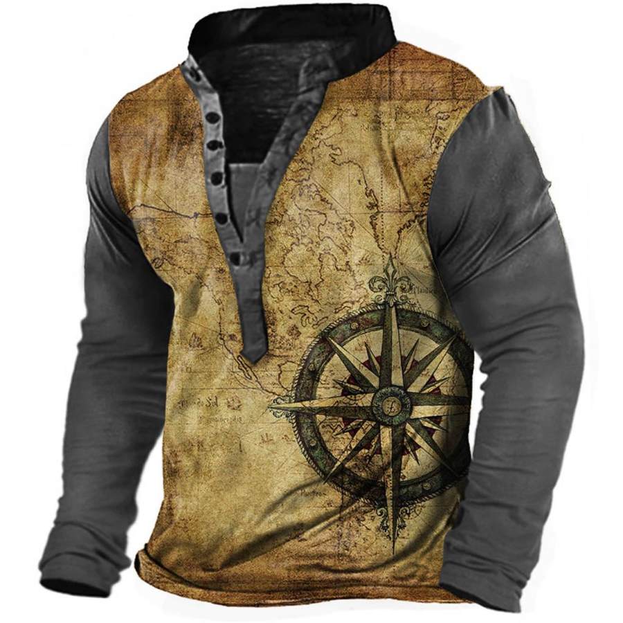 

Men's Vintage World Map Compass Print Henley Long Sleeve Top