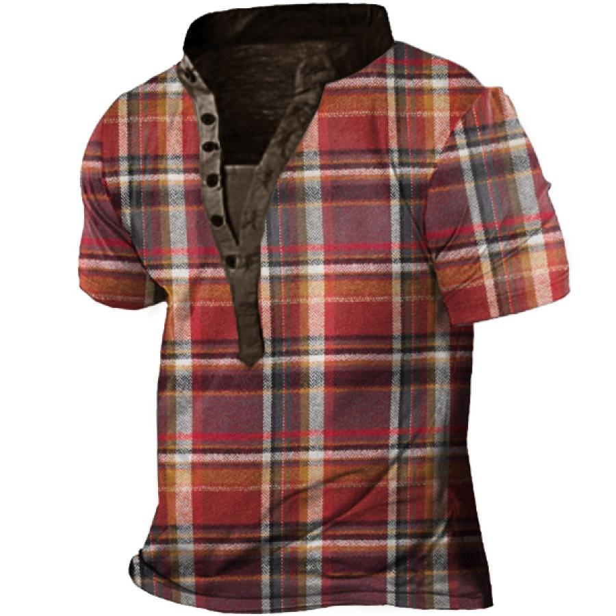 

Men's Outdoor Vintage Check Print Tactical Henley T-Shirt