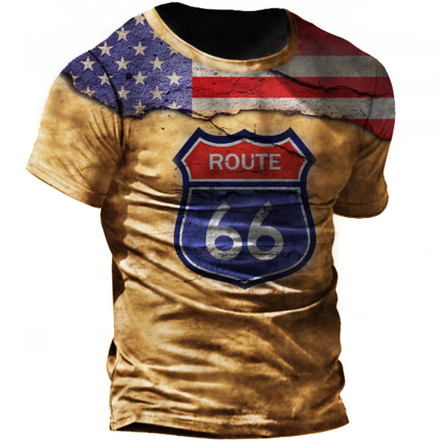 

Men's Vintage American Flag Route 66 Print T-Shirt