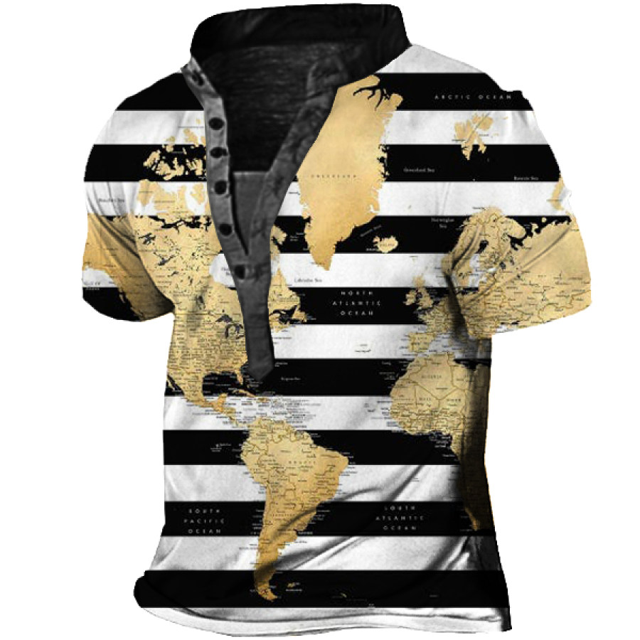

Men's Striped World Map Henley T-shirt