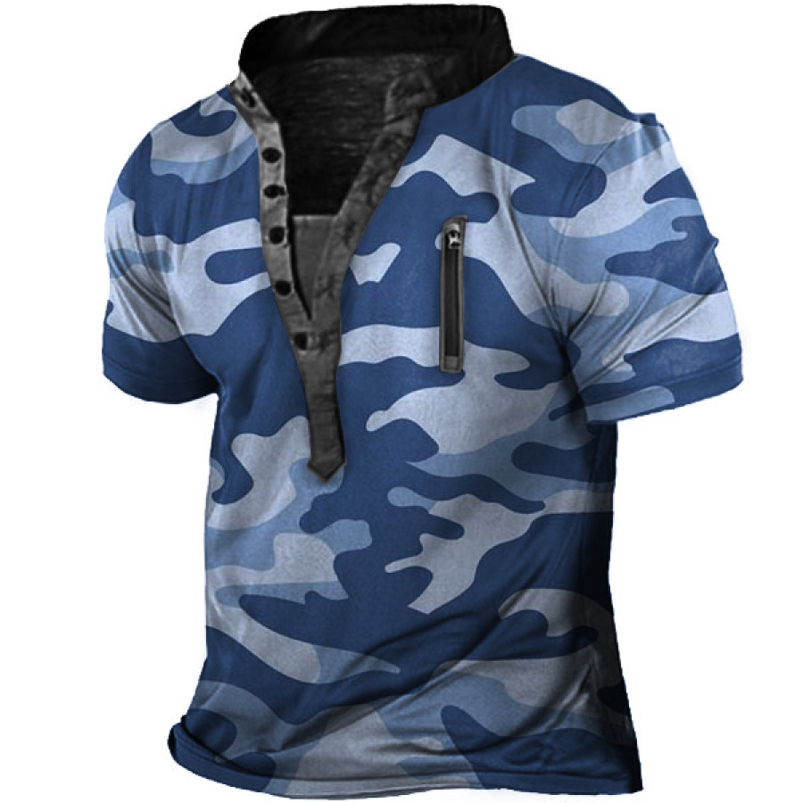 

Abstract Navy Camouflage Print Men Outdoor Henley T-Shirt