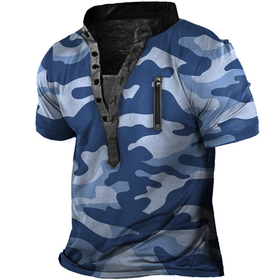 

Abstract Navy Camouflage Print Men Outdoor Henley T-Shirt