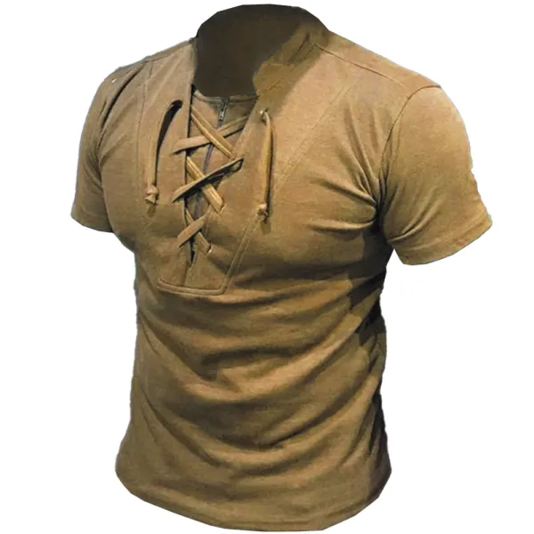 Men's Outdoor Vintage Zip Tie Collar T-Shirt - Nikiluwa.com 