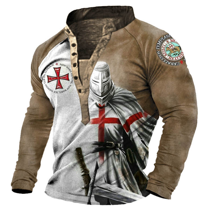 

Men's Vintage Templar Print Henry Long Sleeve T-Shirt