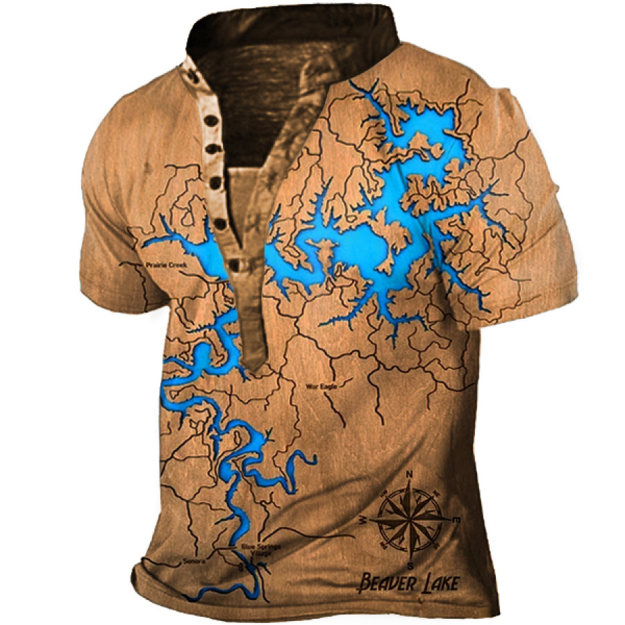 

Nautical Lake Map Men's Vintage Print Short Sleeve Henley Shirt
