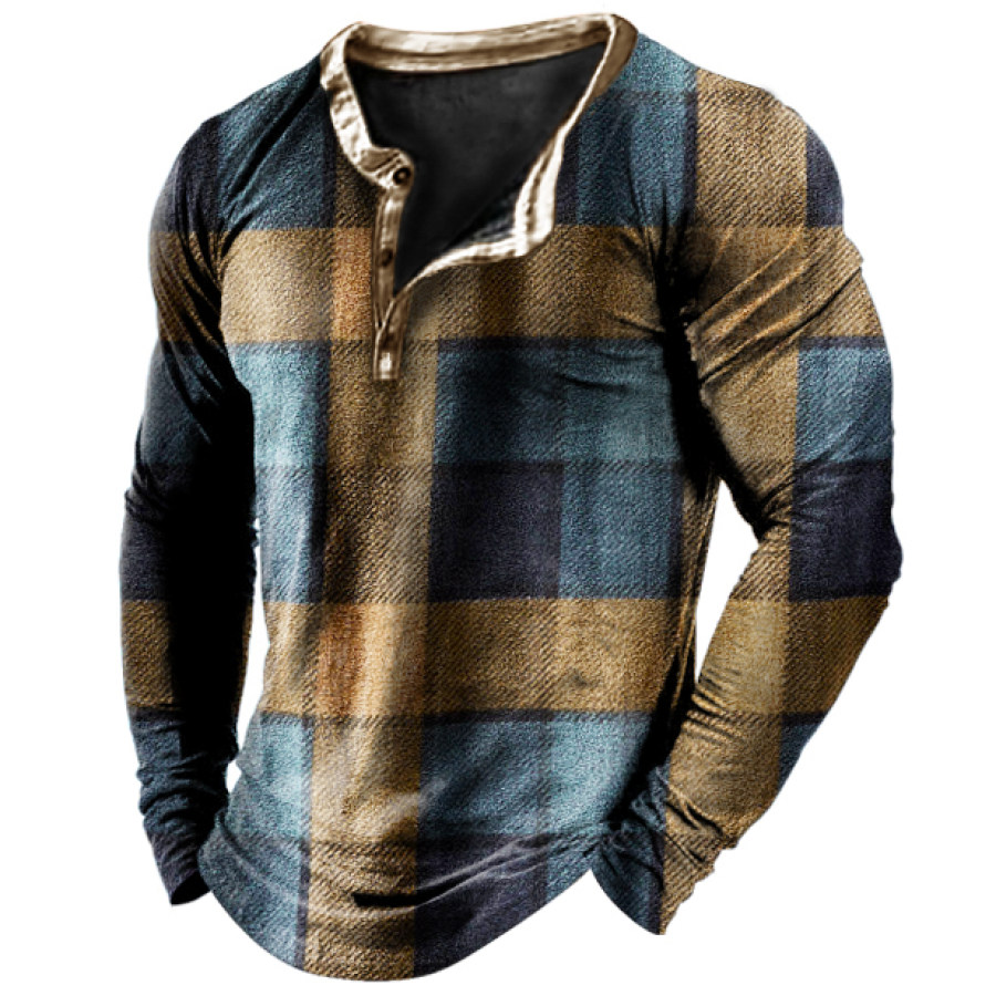

Men's Vintage Check Print Long Sleeve Henley Collar T-Shirt