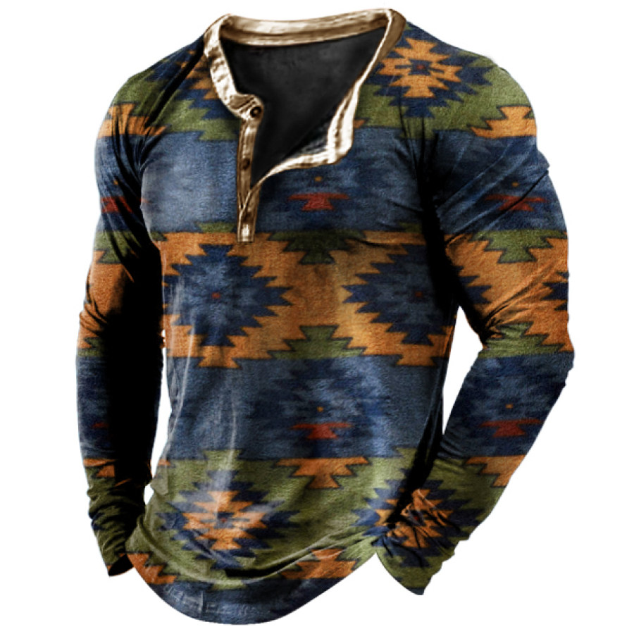 

Men's Vintage Tribal Print Long Sleeve Henley Collar T-Shirt