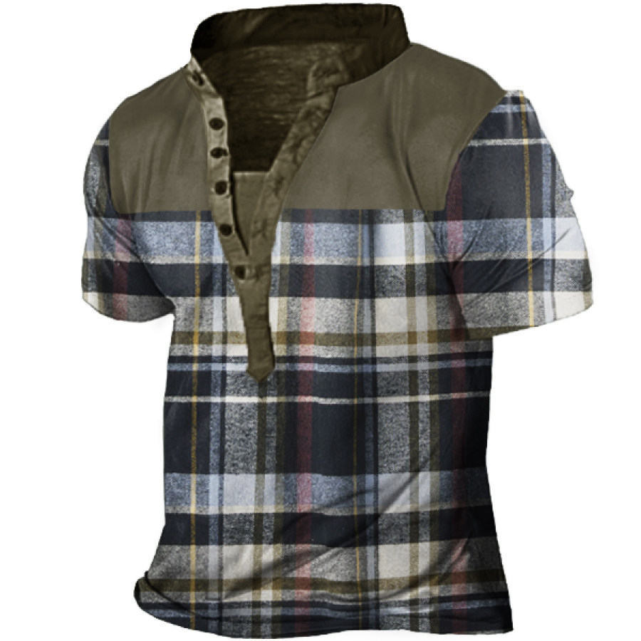 

Men's Vintage Check Print Short Sleeve Henley Shirt