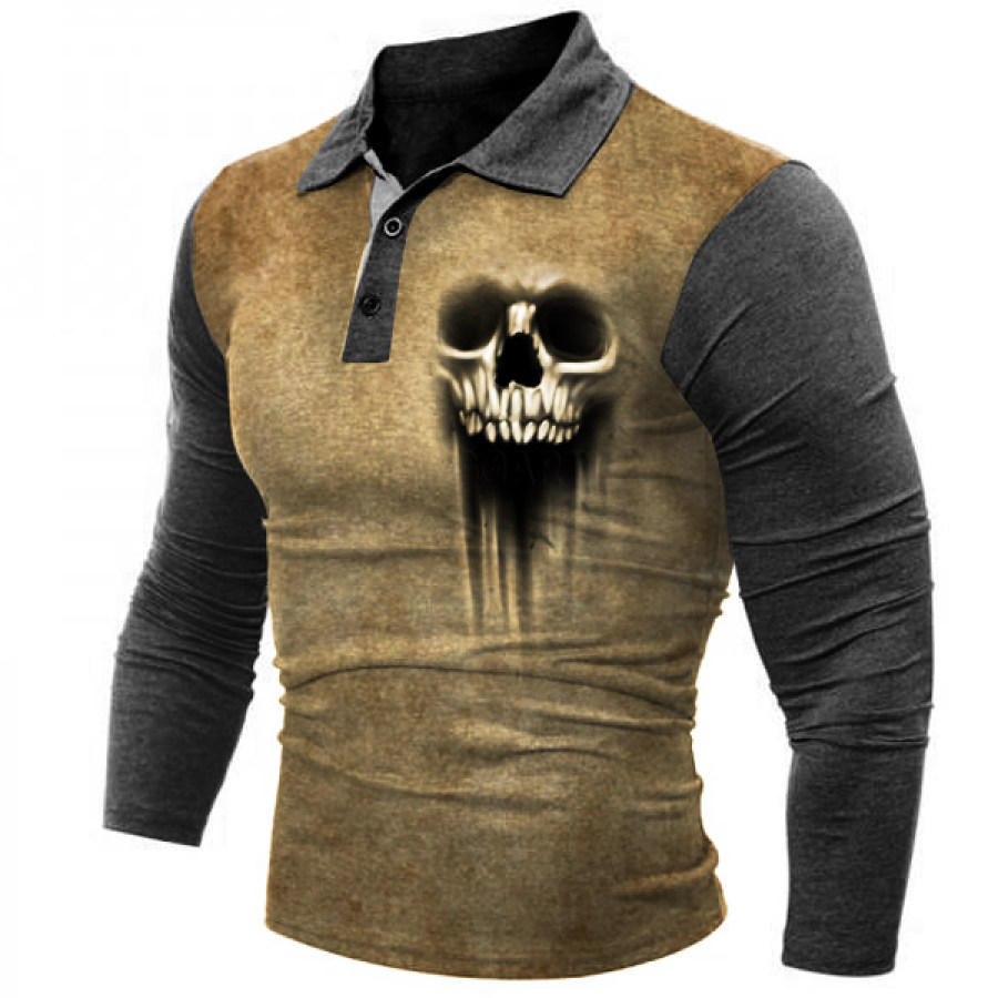 

Skull Print Men's Vintage Long Sleeve Polo Shirt