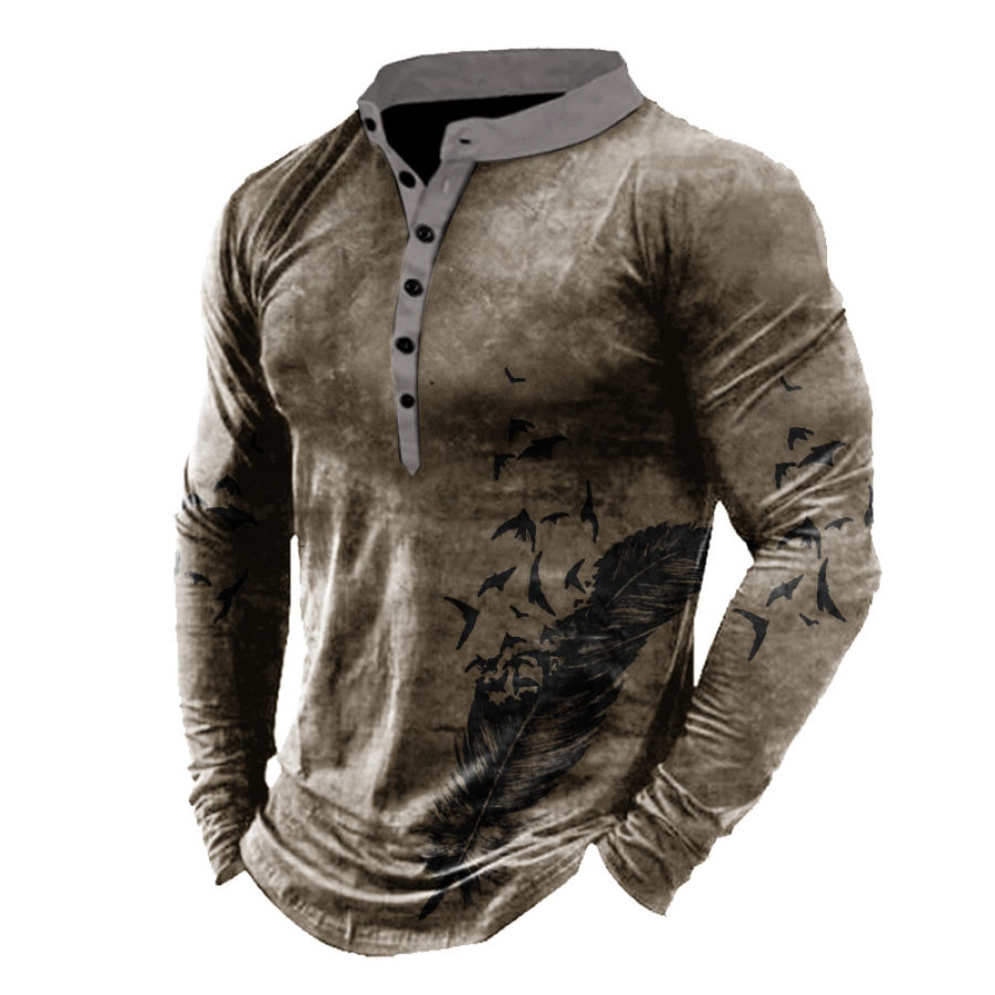 

Men's Vintage Bird Feather Print Long Sleeve Henley T-Shirt