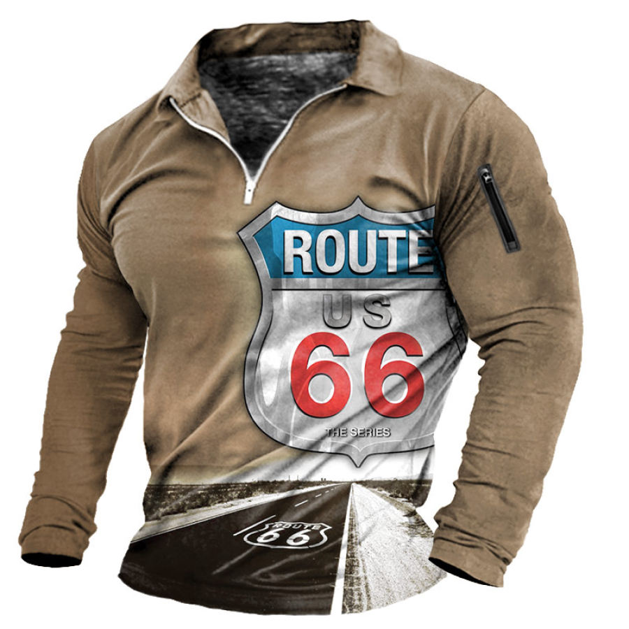 

Men's Outdoor Route 66 Graphic Print Long Sleeve Polo T-Shirt