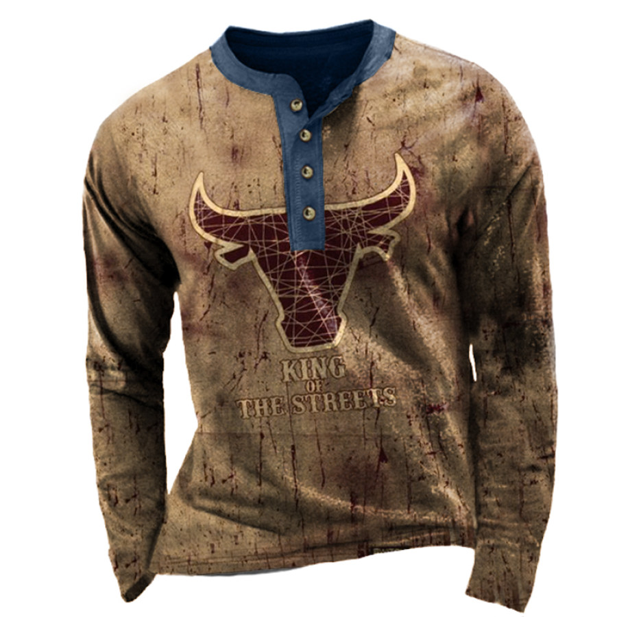 

Men's Western Denim Retro Style Bull Totem Henry Collar T-Shirt